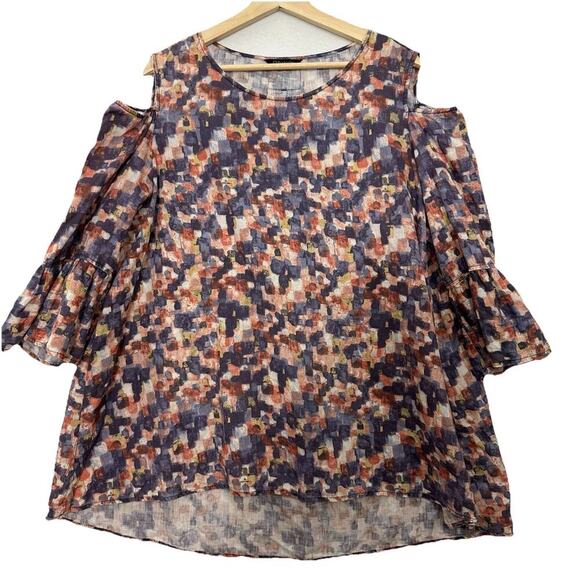 John Mark Top Womens XL Colorful Abstract Linen Cold Shoulder Artsy Sustainable - Picture 1 of 14